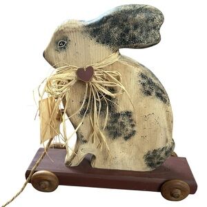 Handmade Rustic Wooden Bunny Rabbit Figurine on Wheels